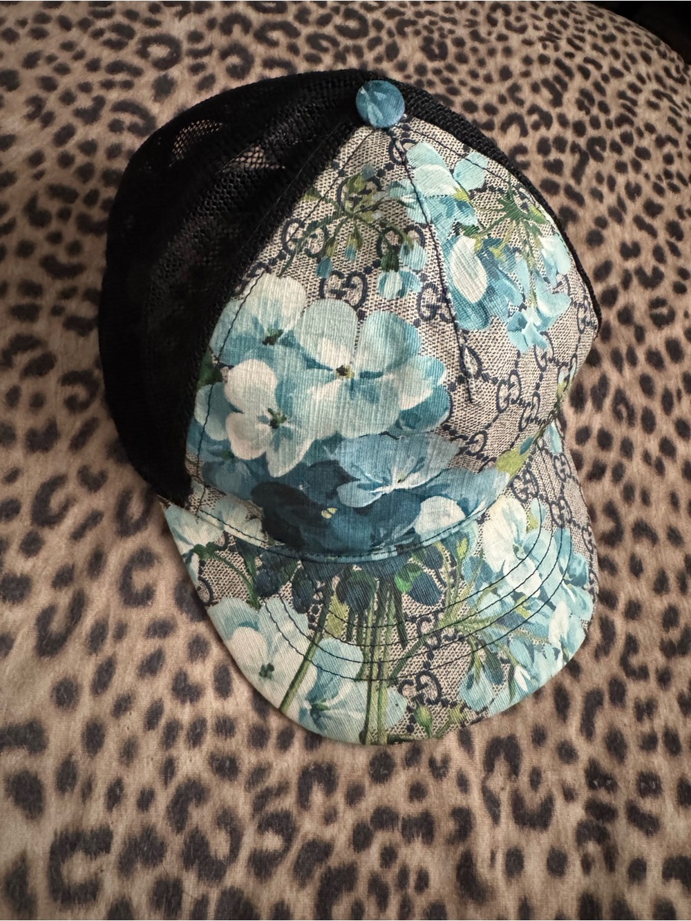Gucci Black and Teal Floral Mesh Trucker Hat